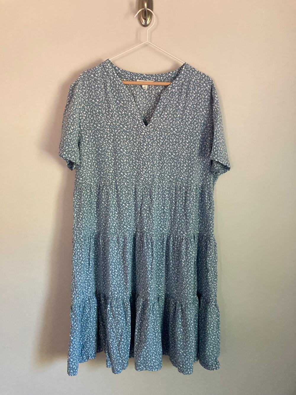 Dusty Blue Floral Tiered Midi Dress Church Brunch Fall Event Dress